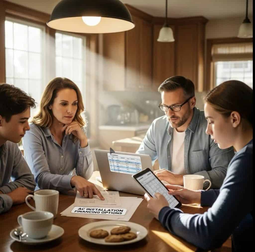Family discussing financing options for air conditioning installation at home