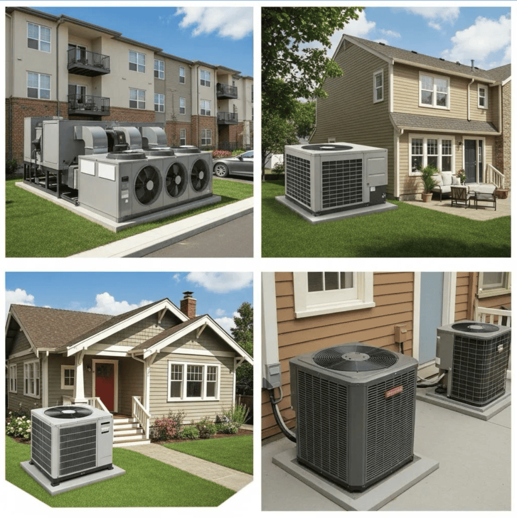 Different sizes of air conditioning units next to various home types